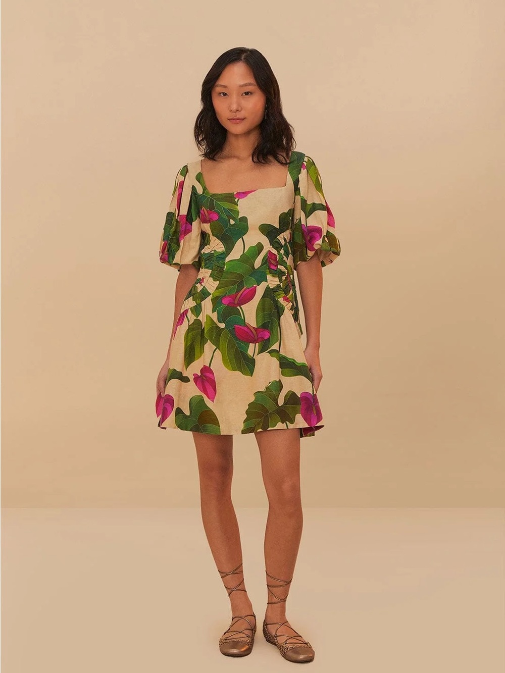Brand New with Tags FARM Rio Anthurium leaves sand short sleeve mini dress